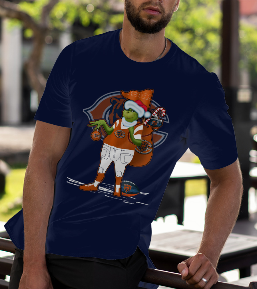 Grinchxmas Chicago Bears Holiday Football Fest With Bear In Santa Hat Holding Candy Cane And Ornament T-Shirt