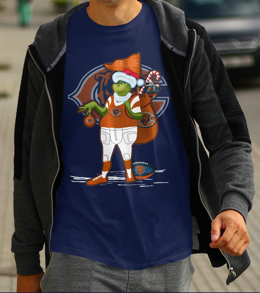 Grinchxmas Chicago Bears Holiday Football Fest With Bear In Santa Hat Holding Candy Cane And Ornament T-Shirt