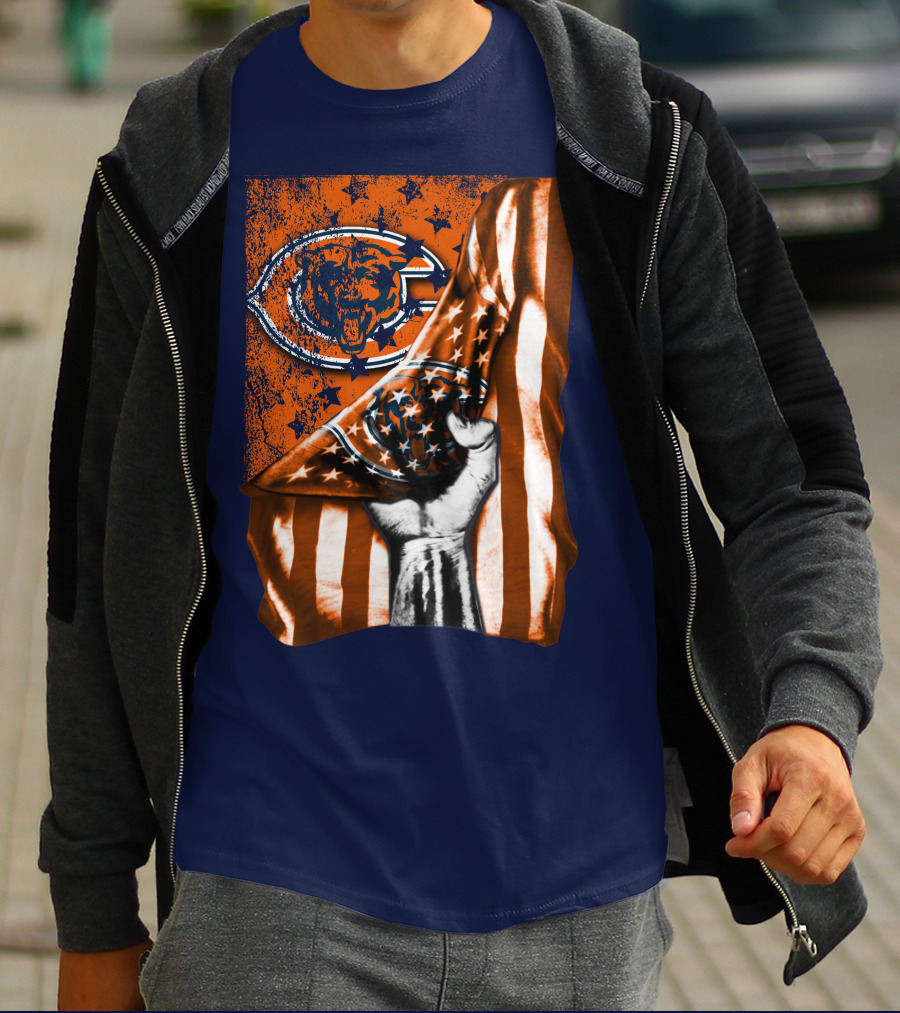 Hand Lifting American Flag Over CHICAGO BEARS T-Shirt