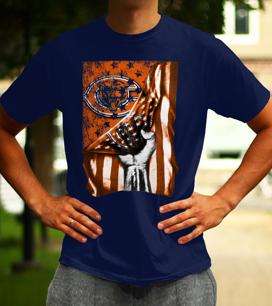 Hand Lifting American Flag Over CHICAGO BEARS T-Shirt