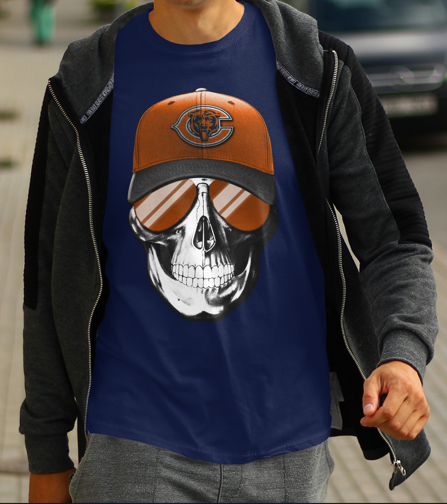 Skull V7 Chicago Bears Cap And Sunglasses T-Shirt