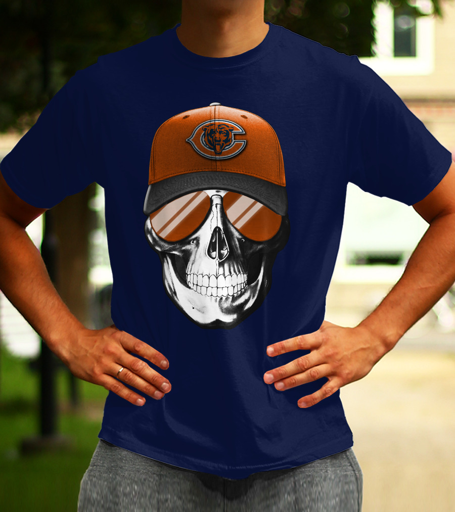 Skull V7 Chicago Bears Cap And Sunglasses T-Shirt
