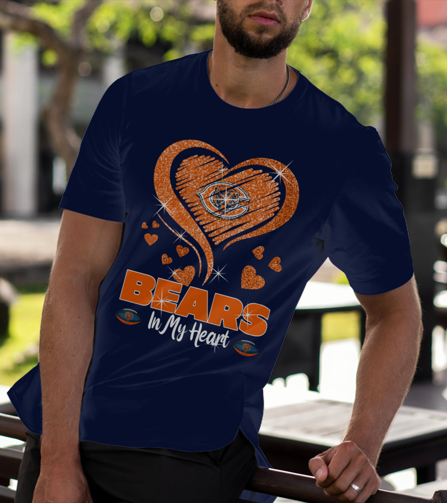 Bears In My Heart Chicago Bears Sparkling Hearts Navy Blue T-Shirt