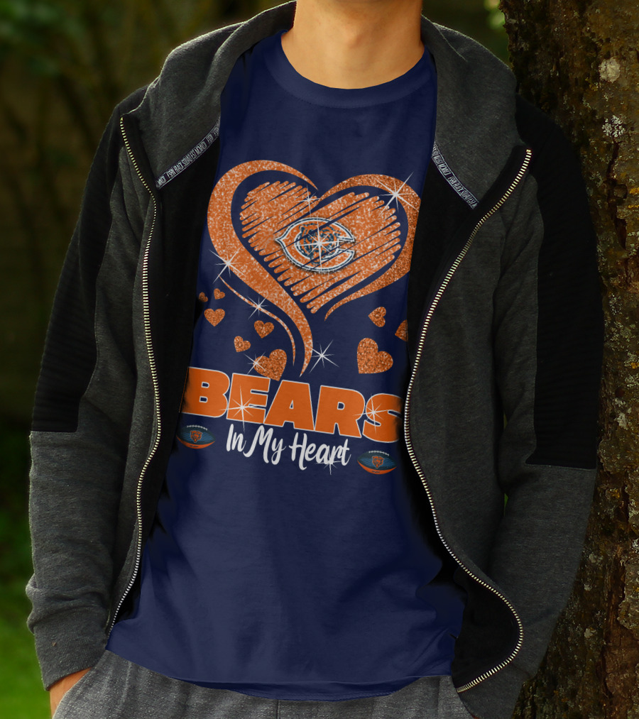 Bears In My Heart Chicago Bears Sparkling Hearts Navy Blue T-Shirt
