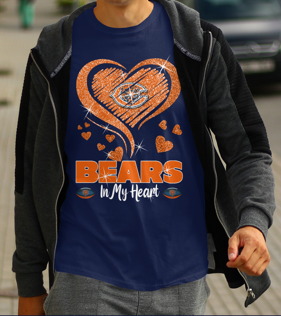 Bears In My Heart Chicago Bears Sparkling Hearts Navy Blue T-Shirt