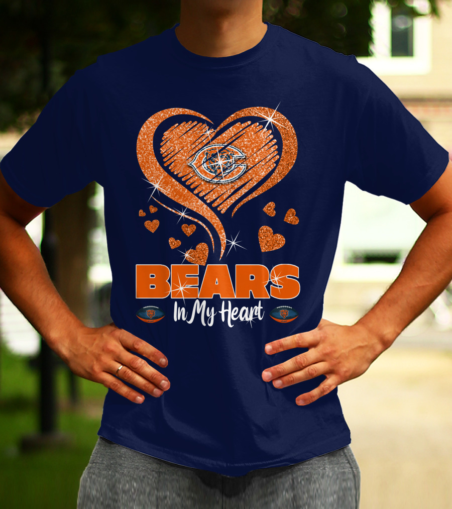 Bears In My Heart Chicago Bears Sparkling Hearts Navy Blue T-Shirt
