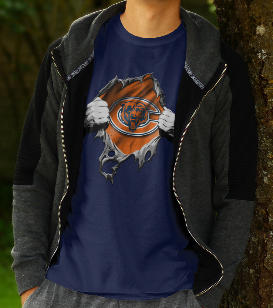 Torn Chicago Bears Emblem Revealed Through Ripped Fabric T-Shirt