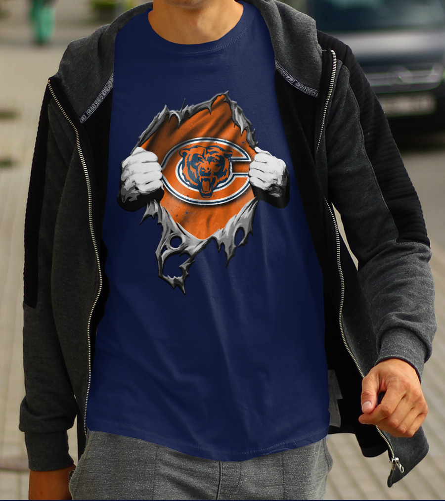 Torn Chicago Bears Emblem Revealed Through Ripped Fabric T-Shirt