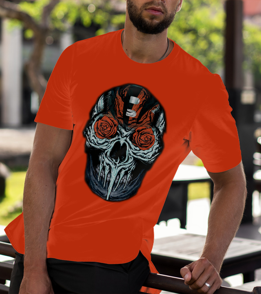 Cincinnati Bengals 34 Skull Helmet With Roses T-Shirt