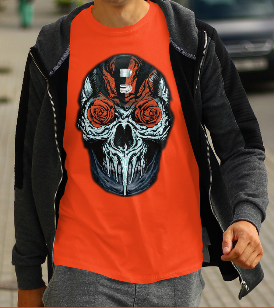 Cincinnati Bengals 34 Skull Helmet With Roses T-Shirt