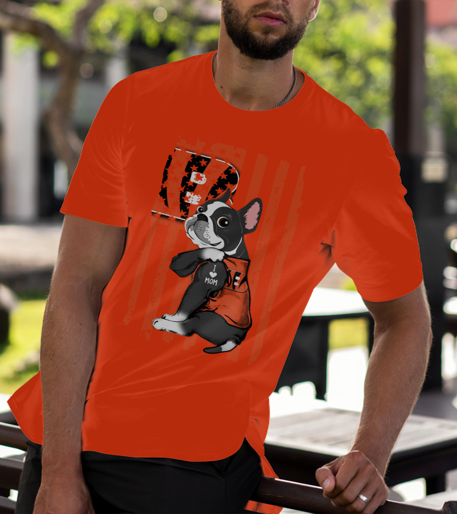 Boston Terrier Cincinnati Bengals B Stripes I Love Mom Football Fan Dog T-Shirt