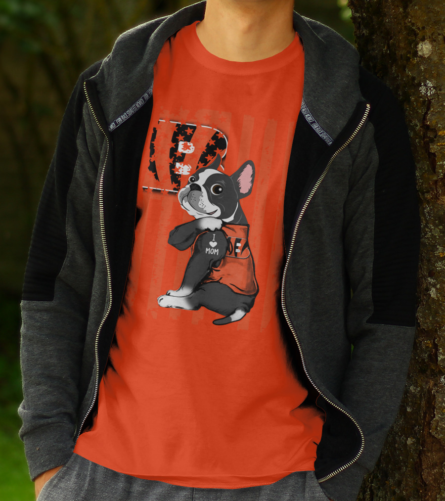 Boston Terrier Cincinnati Bengals B Stripes I Love Mom Football Fan Dog T-Shirt