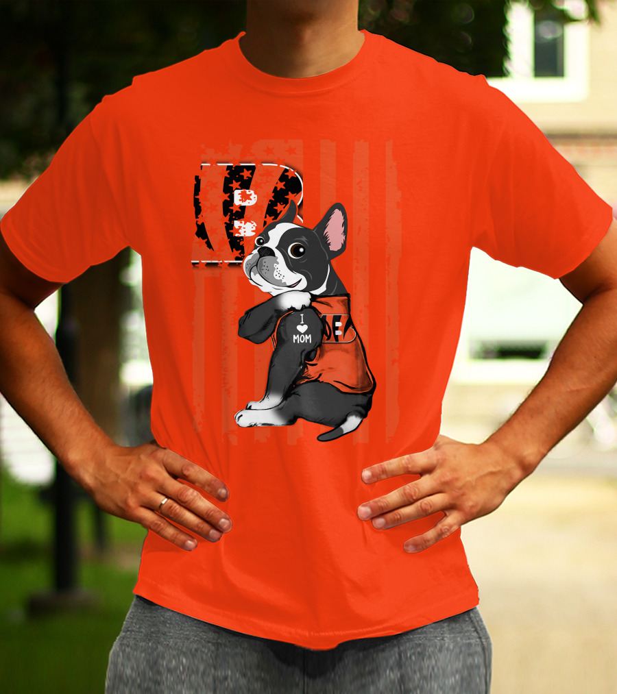 Boston Terrier Cincinnati Bengals B Stripes I Love Mom Football Fan Dog T-Shirt