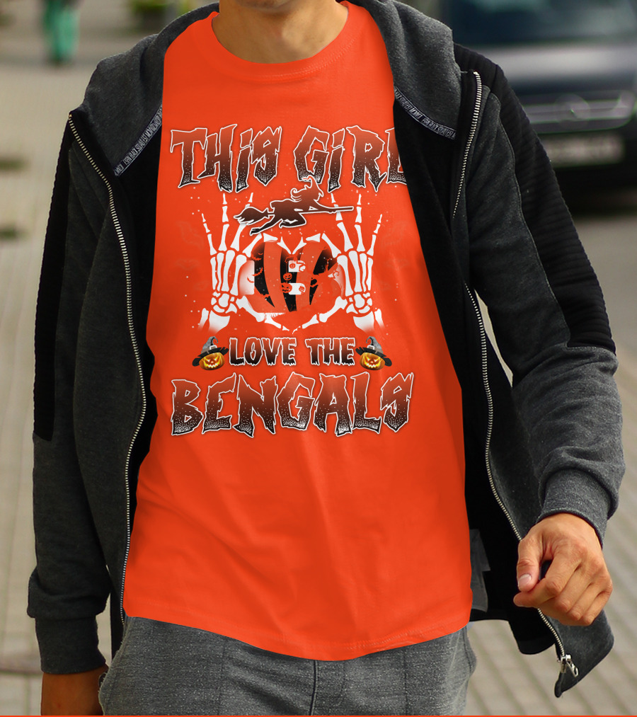 This Girl Love The Bengals Halloween Skeleton Hands And Pumpkins T-Shirt