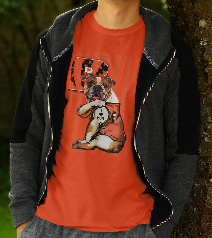 Bulldog Cincinnati Bengals I Love Mom Orange Stripes T-Shirt