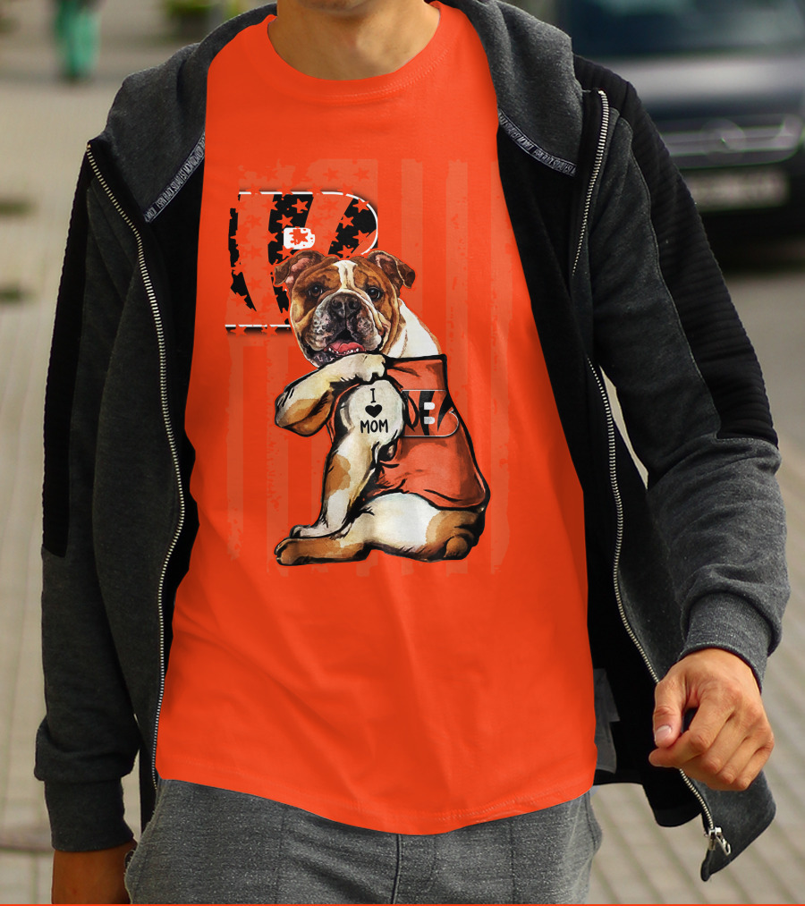 Bulldog Cincinnati Bengals I Love Mom Orange Stripes T-Shirt