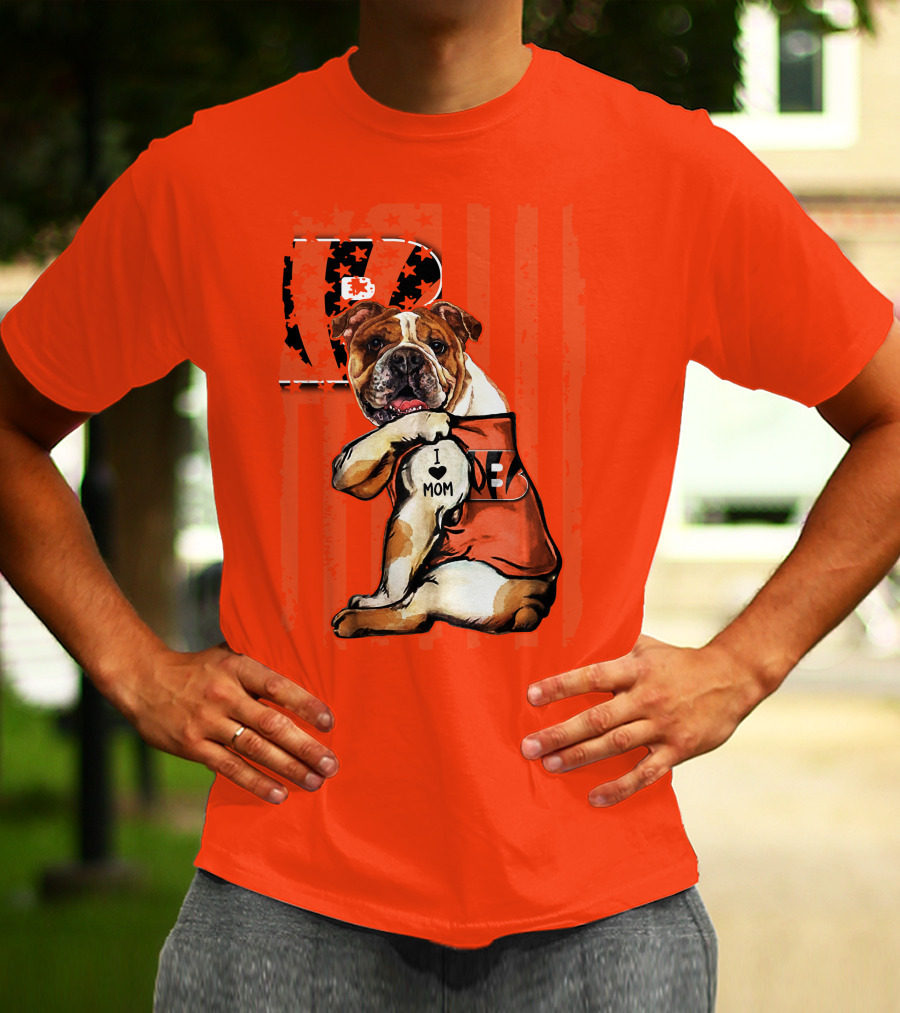 Bulldog Cincinnati Bengals I Love Mom Orange Stripes T-Shirt