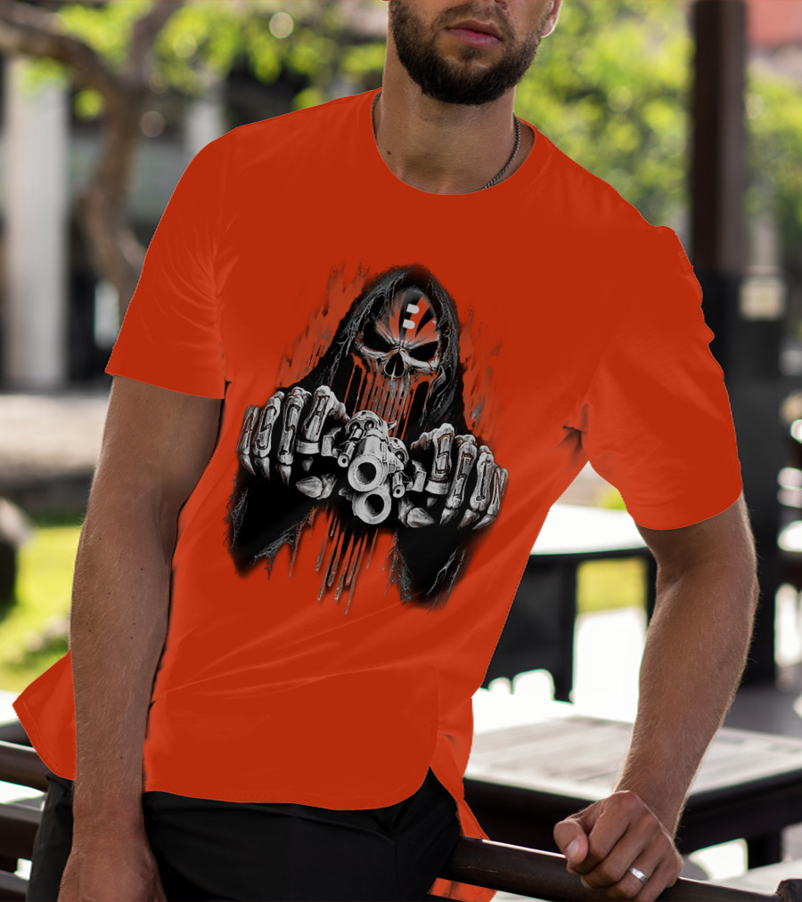 Cincinnati Bengals 41 Skeleton Skull With Guns T-Shirt