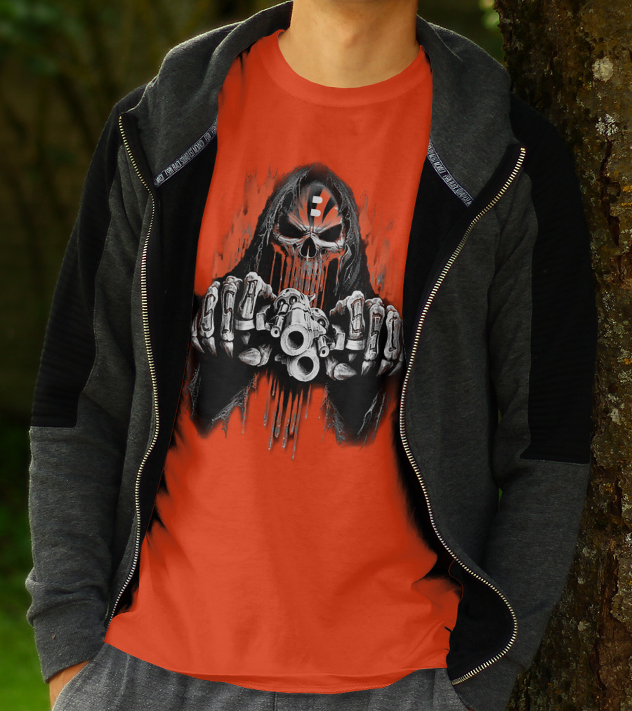 Cincinnati Bengals 41 Skeleton Skull With Guns T-Shirt