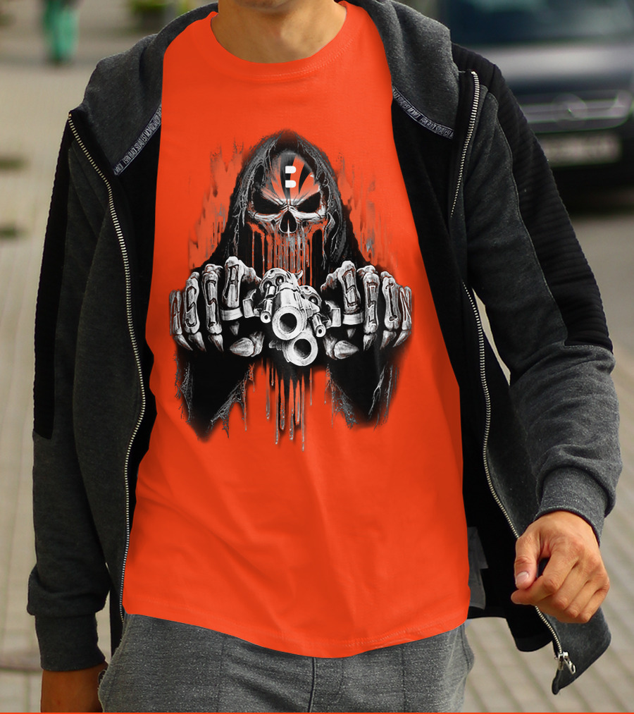 Cincinnati Bengals 41 Skeleton Skull With Guns T-Shirt
