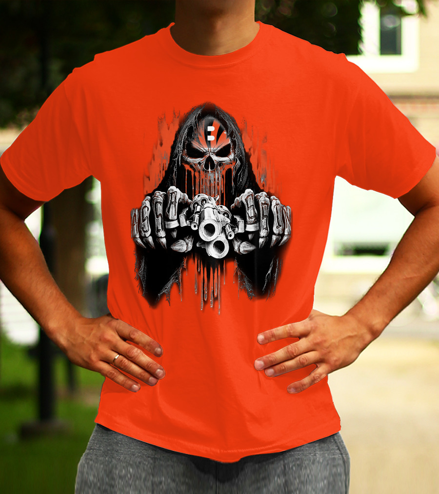 Cincinnati Bengals 41 Skeleton Skull With Guns T-Shirt