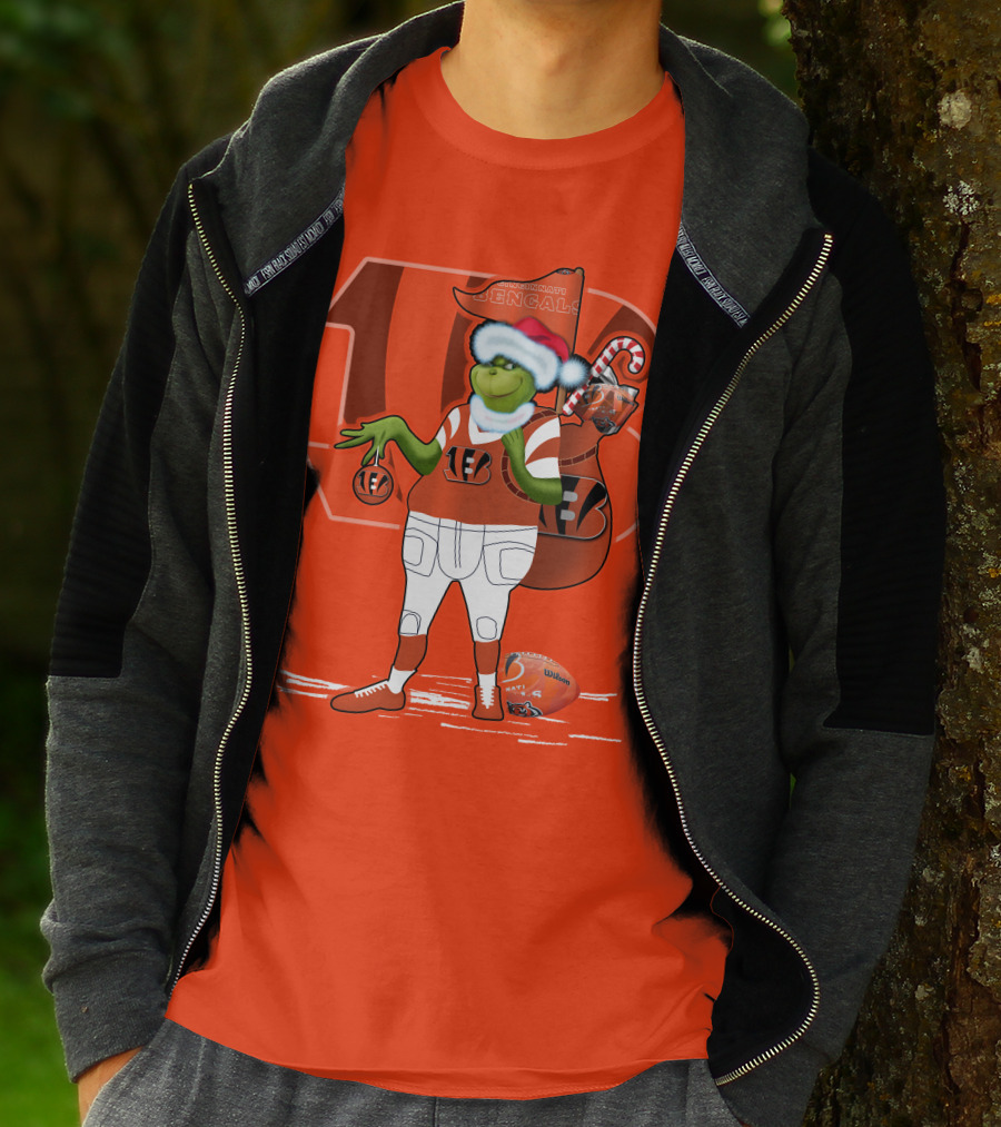 Cincinnati Bengals Grinch Christmas Football Santa Hat Orange T-Shirt