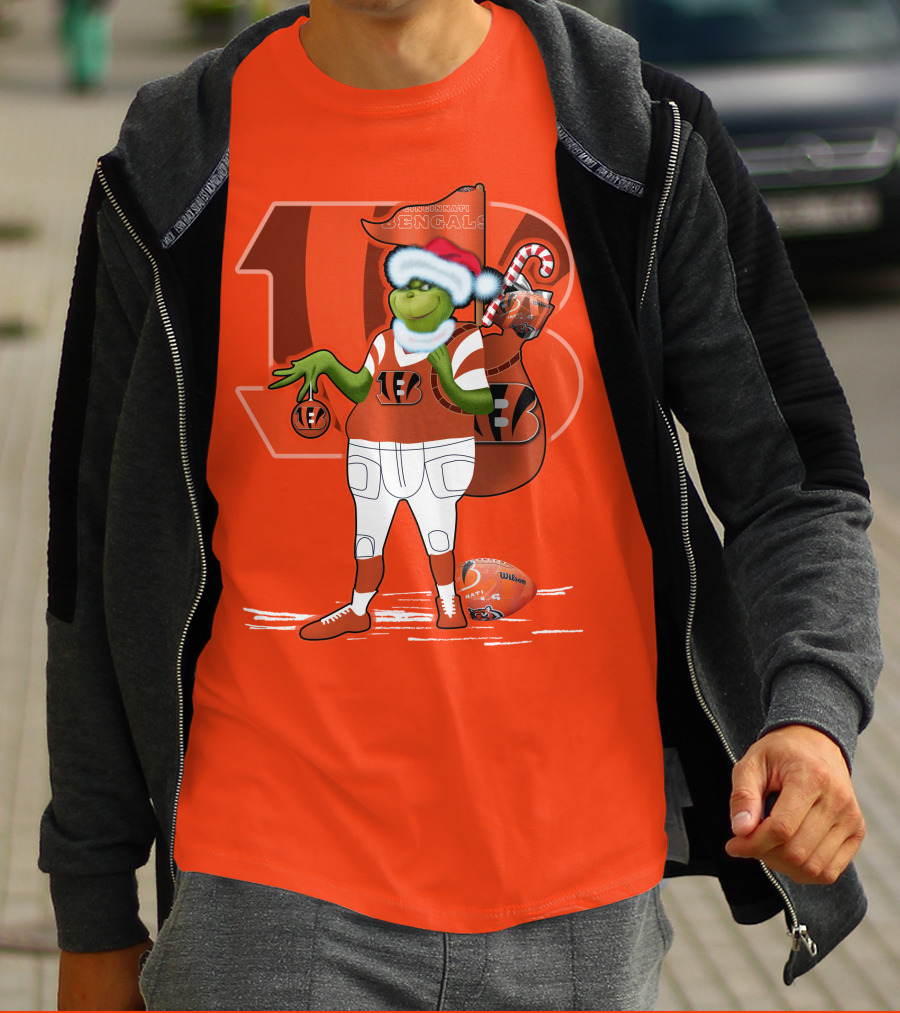 Cincinnati Bengals Grinch Christmas Football Santa Hat Orange T-Shirt
