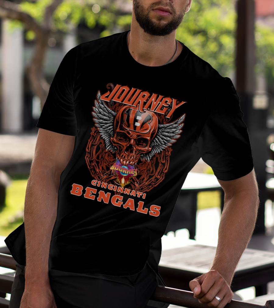 JOURNEY CINCINNATI BENGALS Skull Helmet Wings Chains Flame T-Shirt