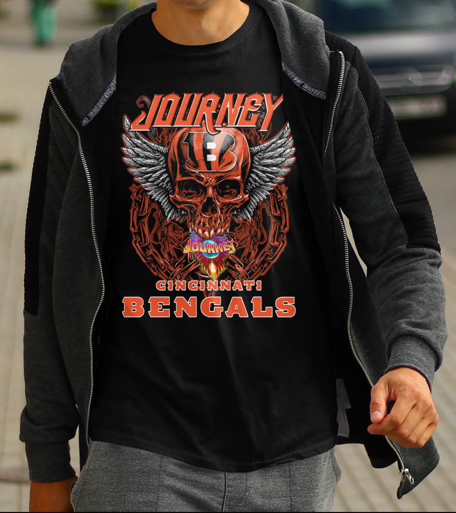 JOURNEY CINCINNATI BENGALS Skull Helmet Wings Chains Flame T-Shirt
