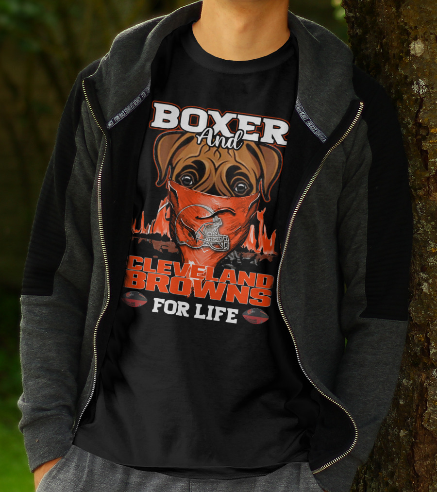 Boxer And Cleveland Browns For Life Dog Helmet Fan Flame T-Shirt