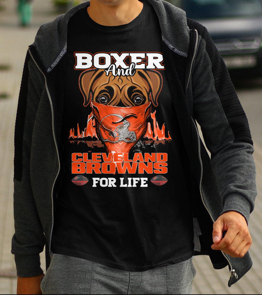 Boxer And Cleveland Browns For Life Dog Helmet Fan Flame T-Shirt