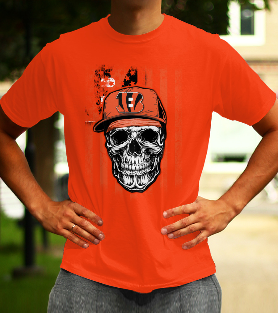 Skull V1 Cincinnati Bengals Hat American Flag Stripes T-Shirt