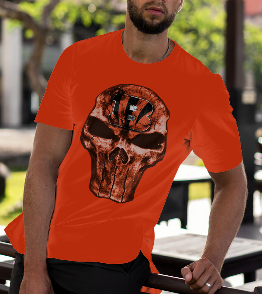 Skull Cincinnati Bengals Logo On Bold Orange T-Shirt