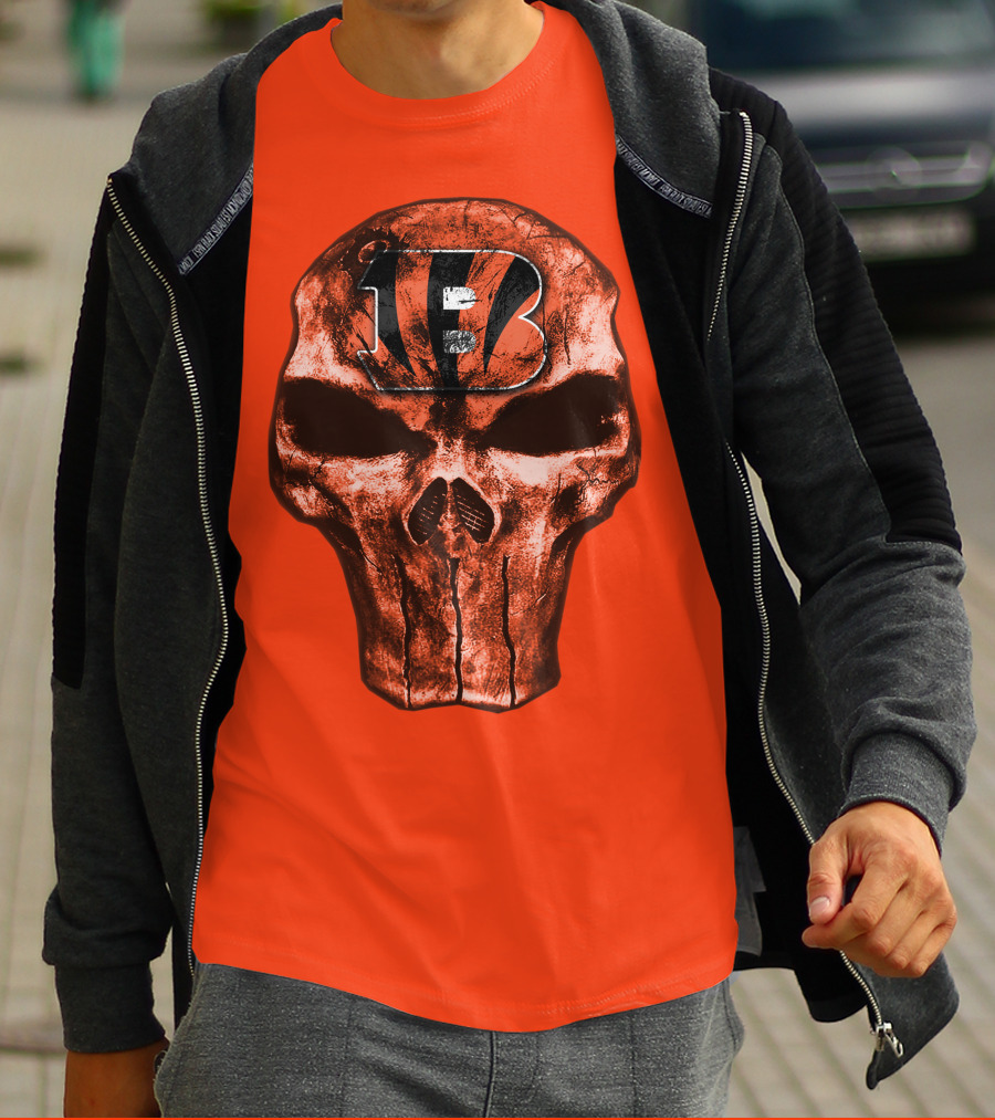 Skull Cincinnati Bengals Logo On Bold Orange T-Shirt