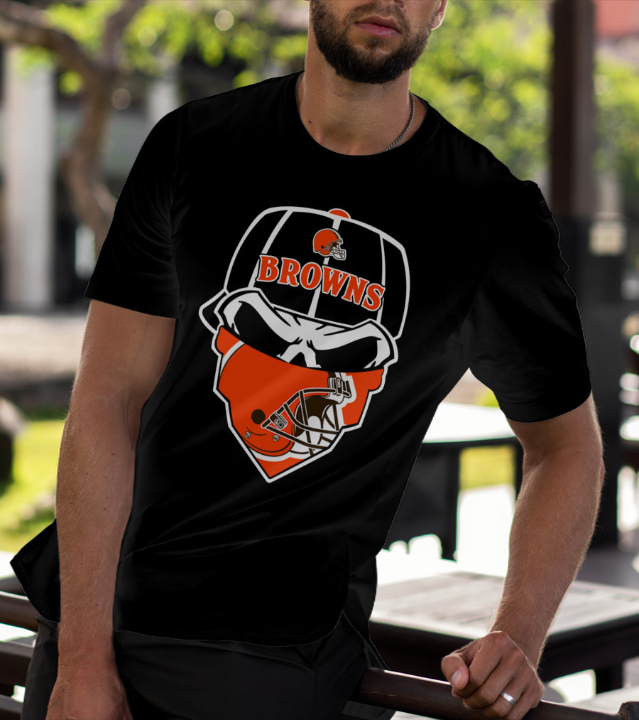 Browns Helmet Skull Mask With Football Theme T-Shirt