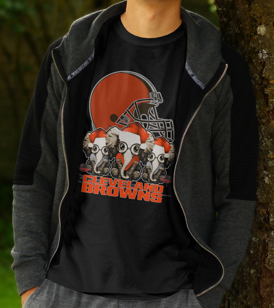 Cleveland Browns Christmas Elephants With Santa Hats T-Shirt
