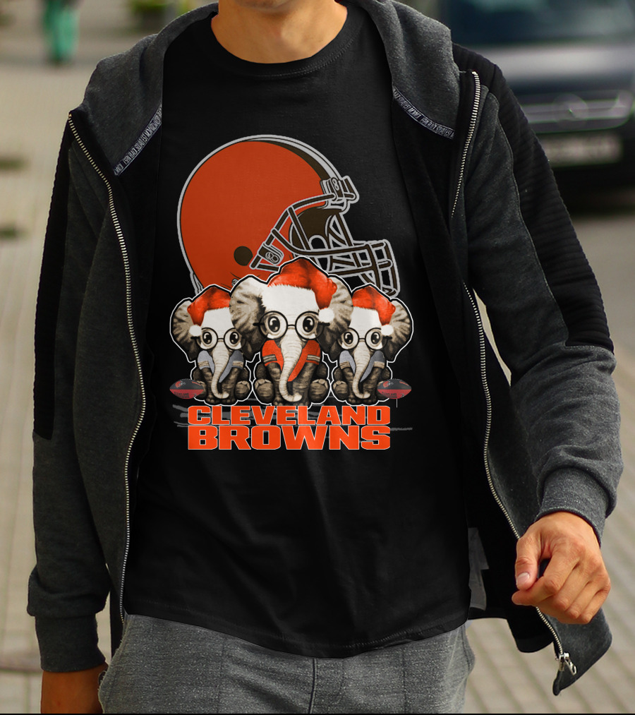 Cleveland Browns Christmas Elephants With Santa Hats T-Shirt