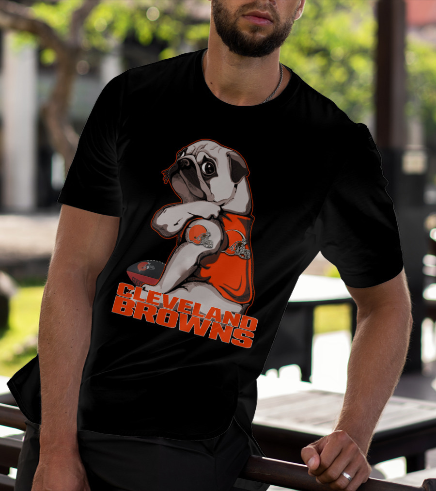 Cleveland Browns Pug In Orange Jersey With Football And Helmet T-Shirt
