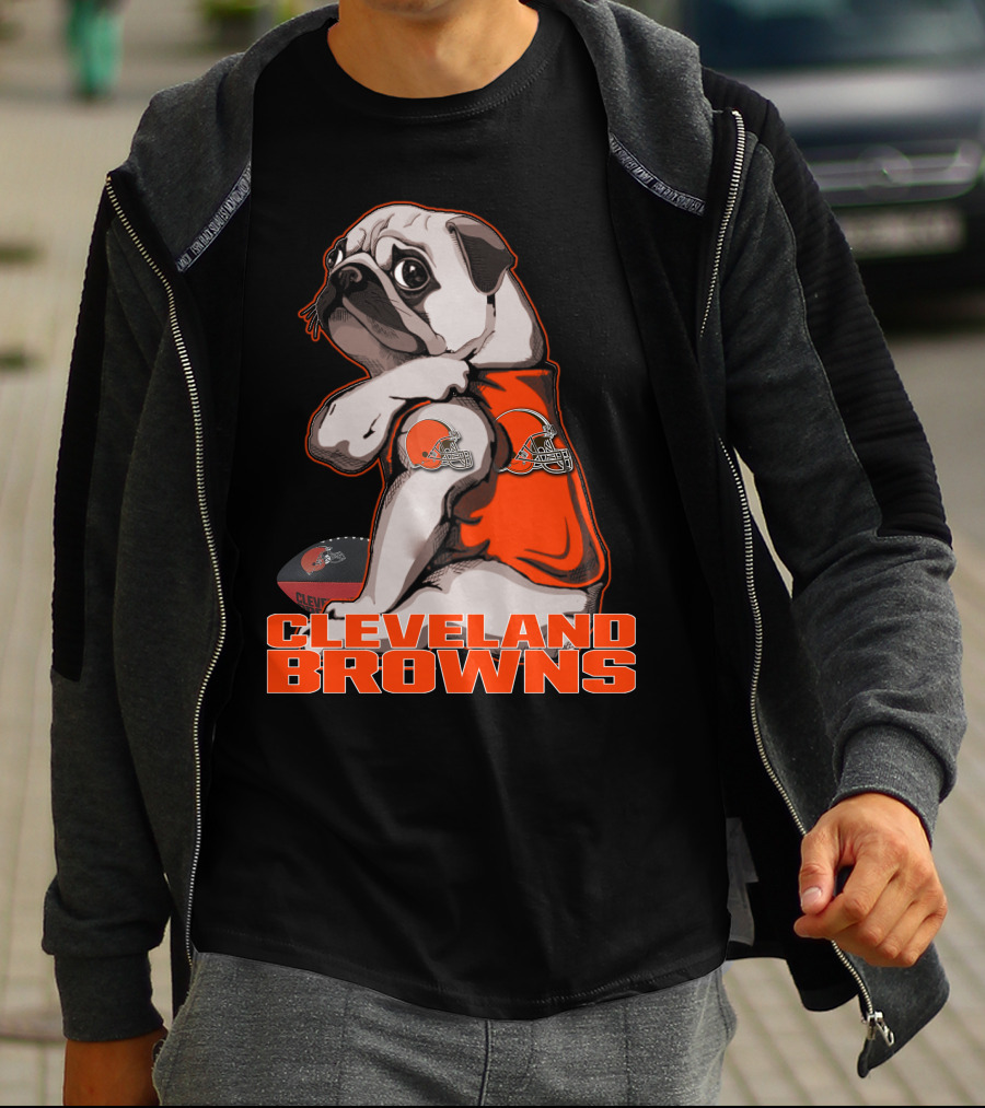 Cleveland Browns Pug In Orange Jersey With Football And Helmet T-Shirt