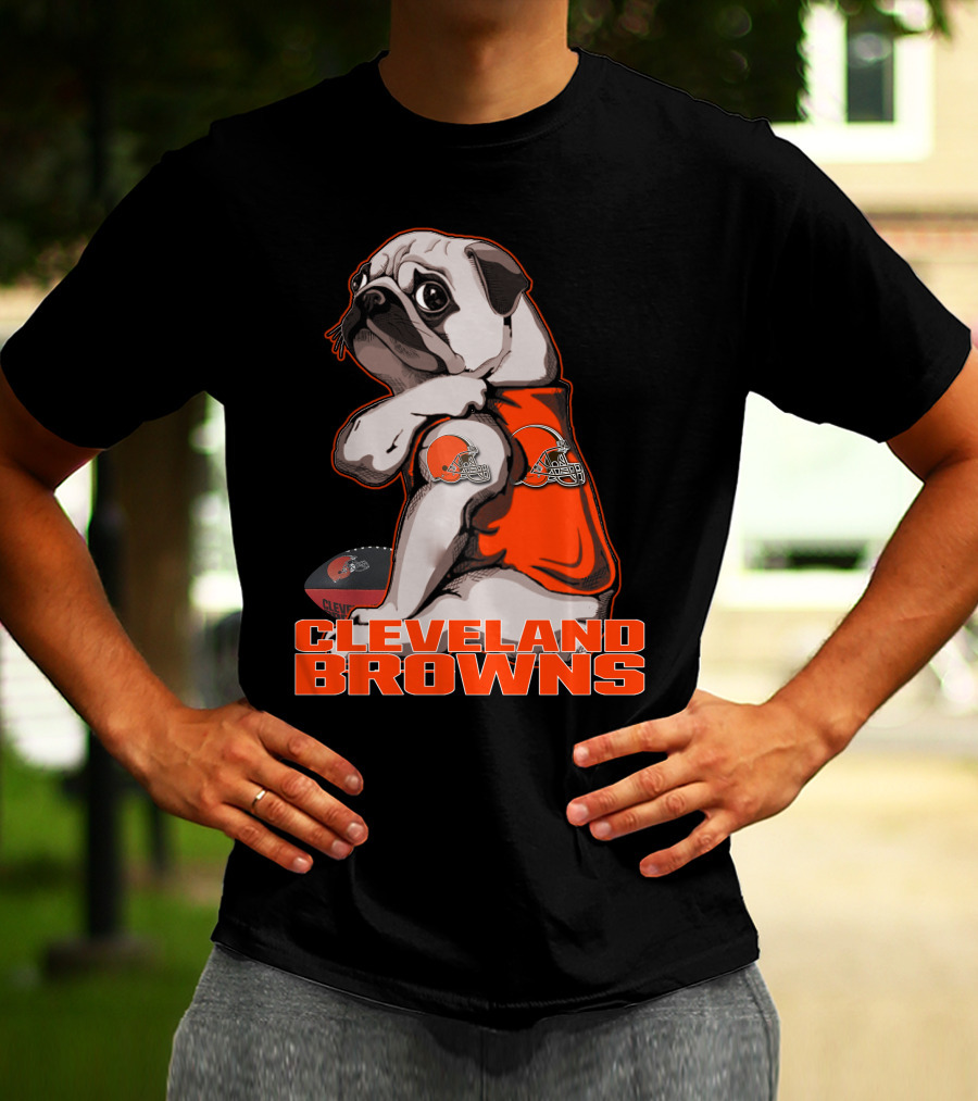 Cleveland Browns Pug In Orange Jersey With Football And Helmet T-Shirt