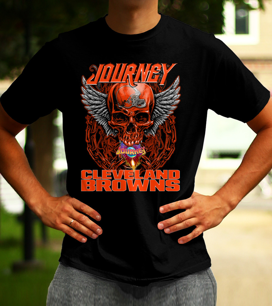 JOURNEY Winged Flaming Skull CLEVELAND BROWNS Football Helmet T-Shirt