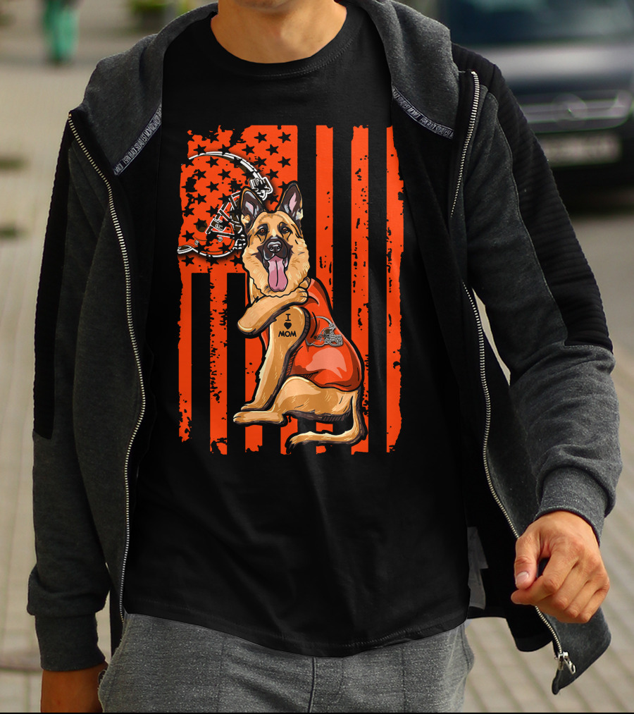 Cleveland Browns German Shepherd Dog And Football Helmet With Orange Flag Background T-Shirt