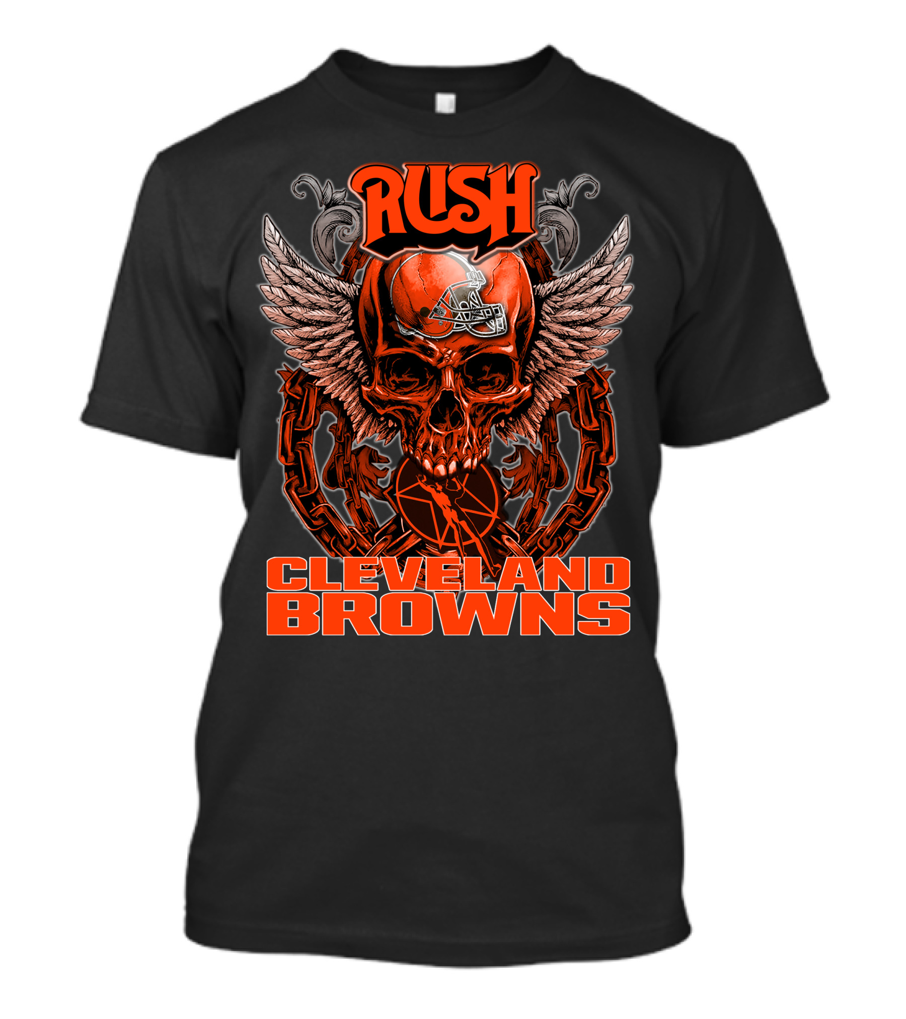 RUSH Cleveland Browns Skull Helmet Wings Chain T-Shirt