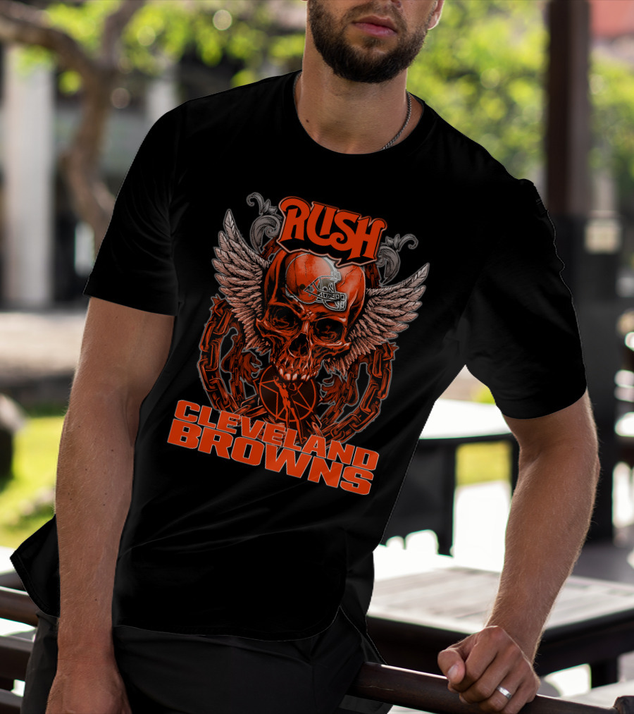 RUSH Cleveland Browns Skull Helmet Wings Chain T-Shirt