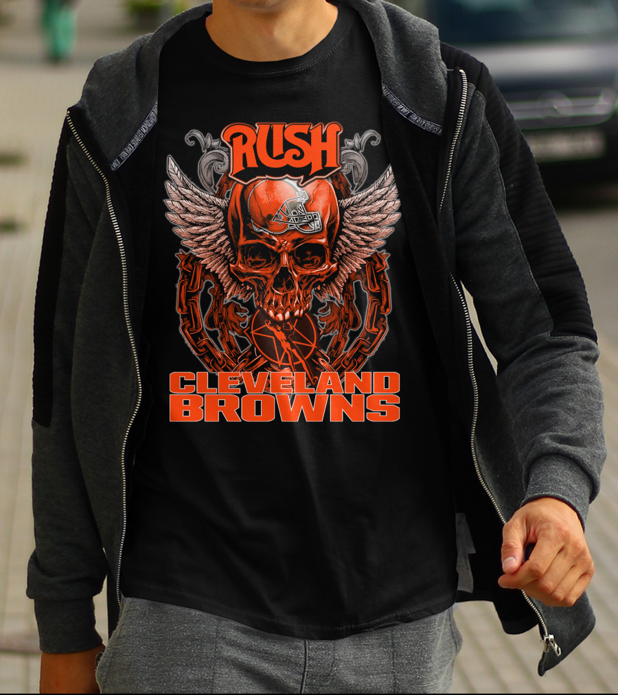 RUSH Cleveland Browns Skull Helmet Wings Chain T-Shirt
