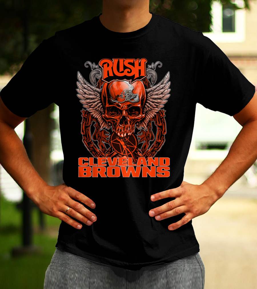 RUSH Cleveland Browns Skull Helmet Wings Chain T-Shirt