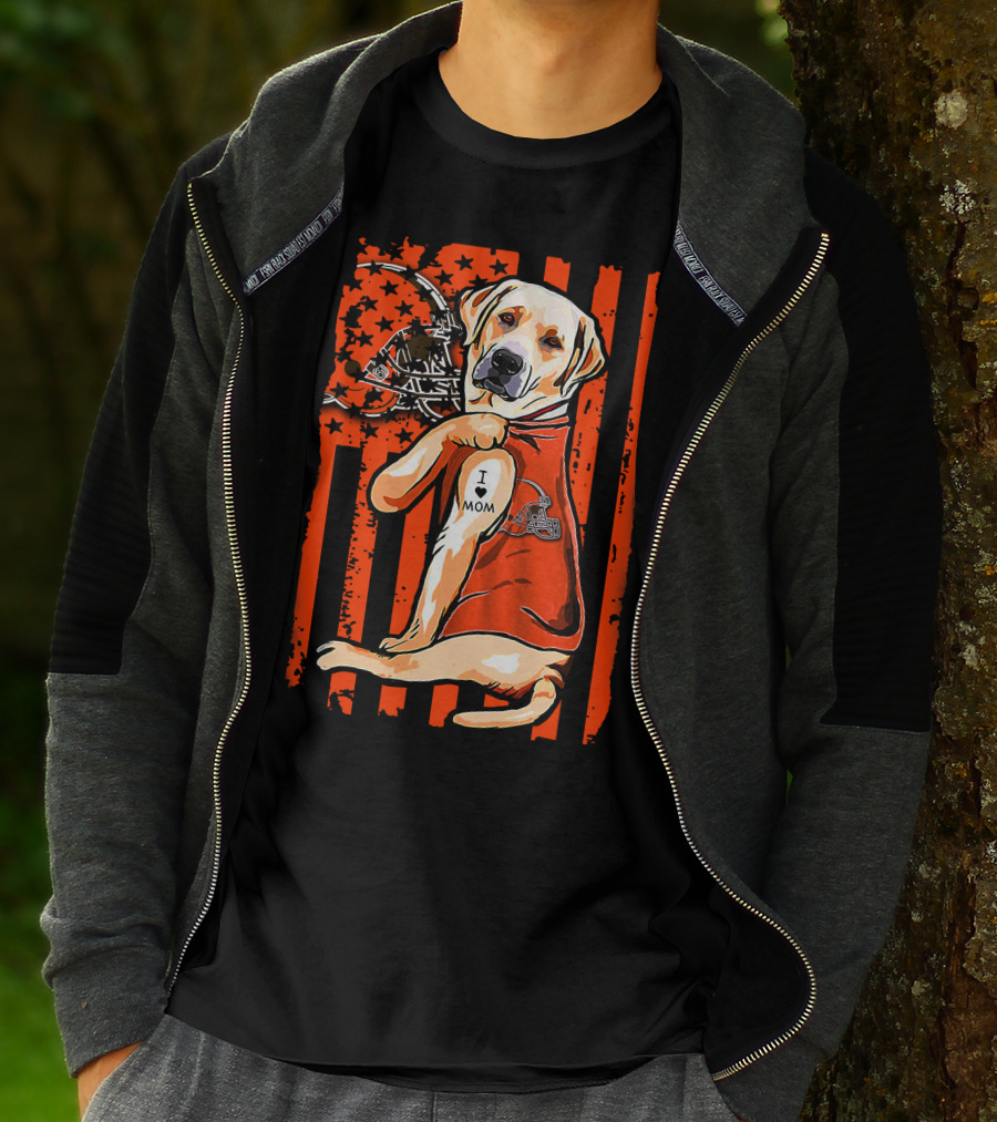Labrador Retriever In Cleveland Browns Colors With Football Helmet And I Love Mom Tattoo T-Shirt