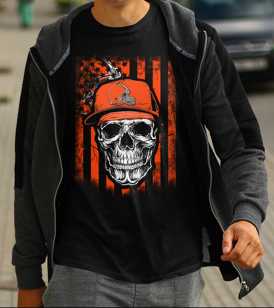 Skull In Cleveland Browns Helmet With Orange And Black Stripes T-Shirt