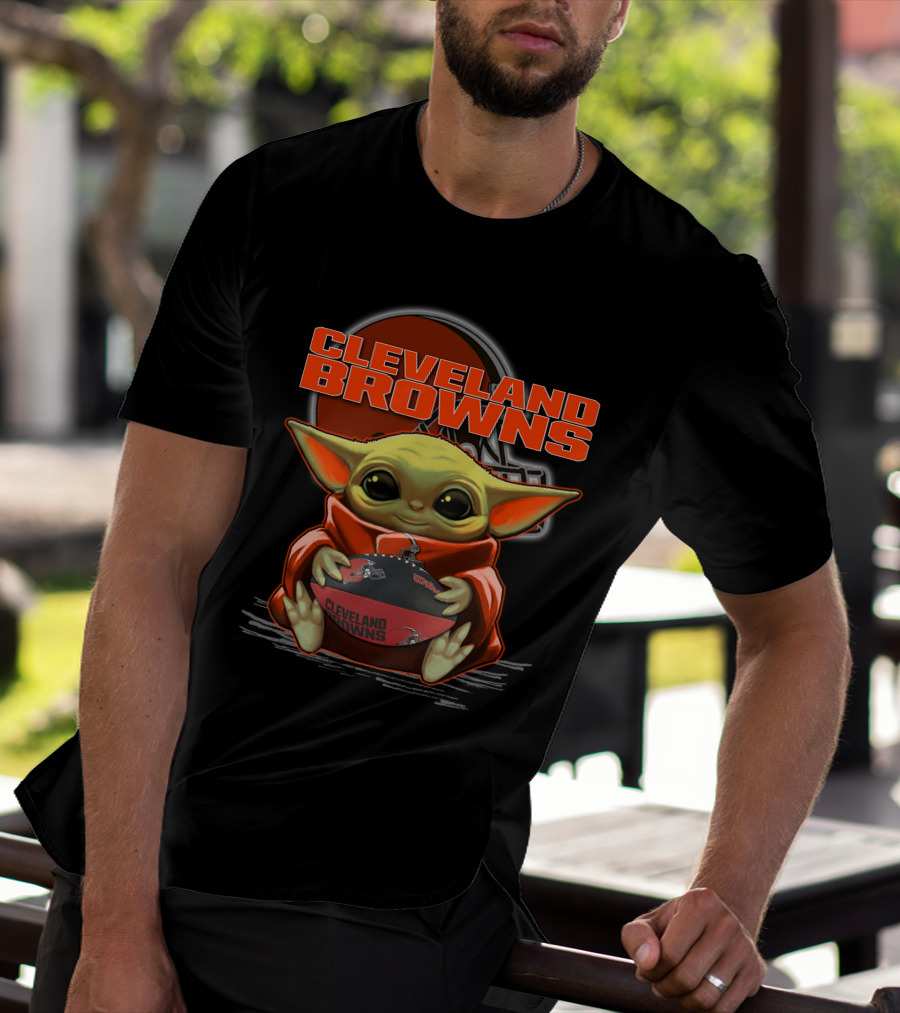 Yoda Cleveland Browns Football Holding Baby Yoda Fan T-Shirt