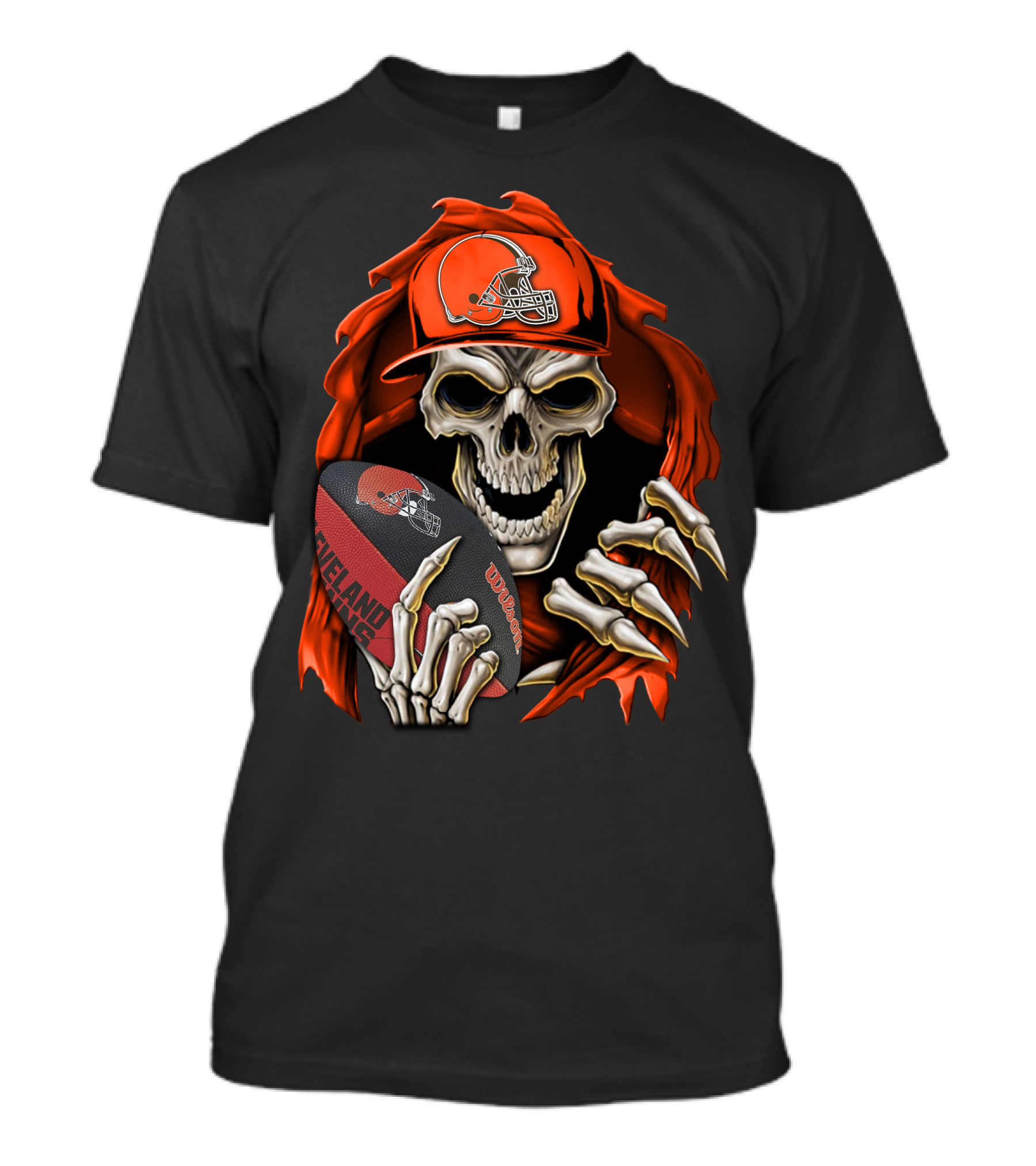 Skullbong Cleveland Browns Skeleton Holding Football T-Shirt
